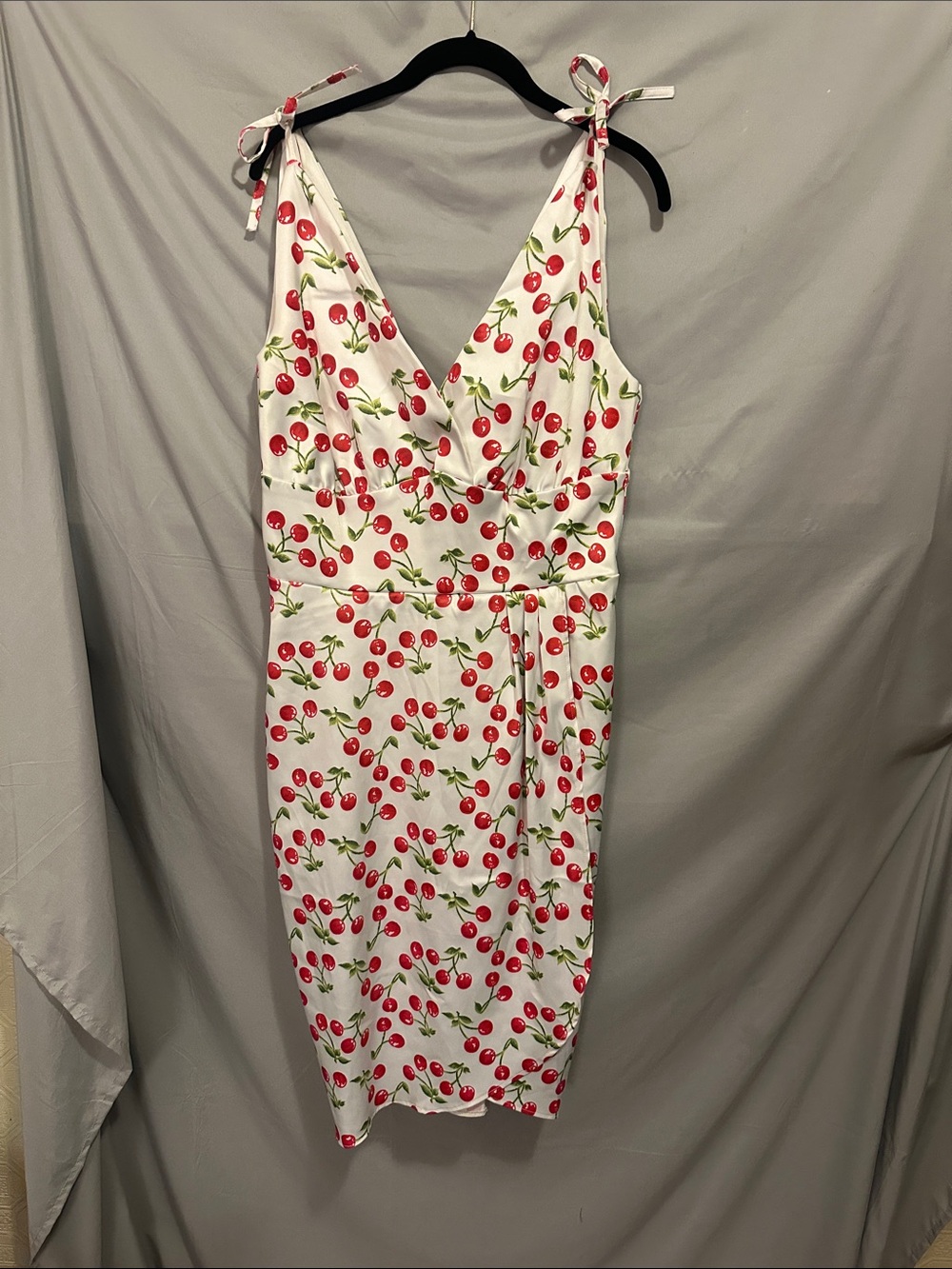 White Midi Dress with Red Cherry Print and Tie Shoulders